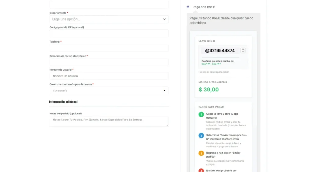Interfaz de plugin de pagos con bre-b en wooccomerce
