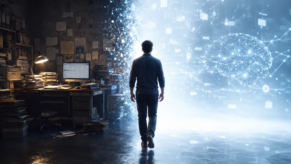 Hombre camina desde una oficina oscura hacia un portal de luz digital para dominar el SEO Generativo 2026.