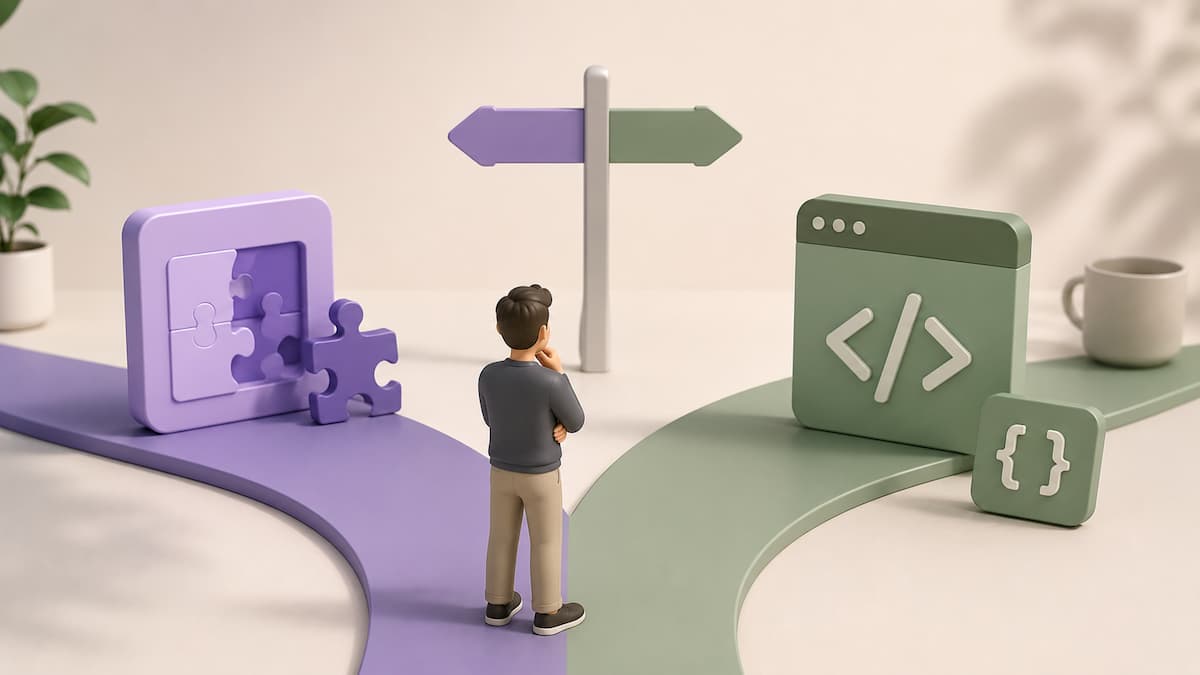 Persona frente a una bifurcación eligiendo entre plugins a medida vs. code snippets para optimizar su desarrollo web.